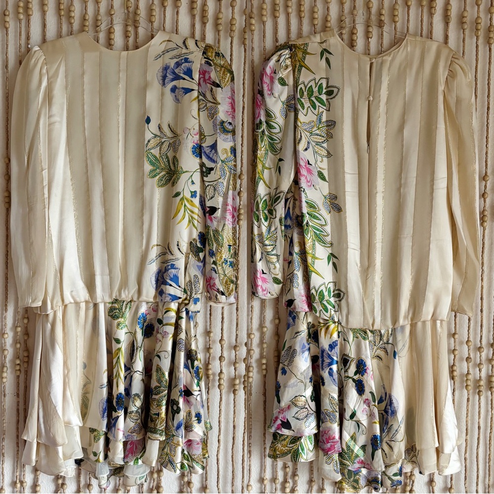 Vintage Cream Floral Drop-Waist Dress with Pink, Blue & Green Accents
